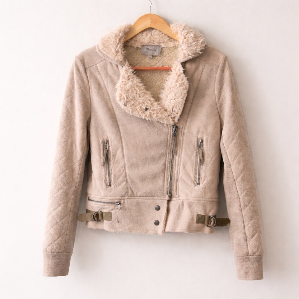 Vintage Miss Me Tan Suede Aviator Jacket Faux Shearling Collar Moto Style Small - Picture 2 of 9